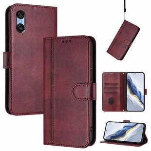 For Sony Xperia 10 VI 2024 Line Splicing Buckle Retro Leather Phone Case(Wine Red)
