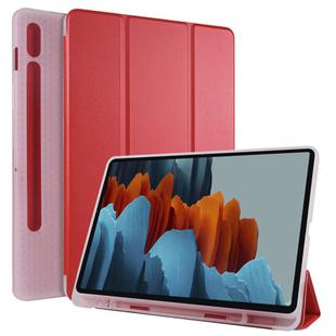 For Samsung Galaxy Tab S8 / Galaxy Tab S7 T870 11 inch Horizontal Flip Anti-fall Transparent Leather Case with Three-folding Holder & Pen Slot(Red)