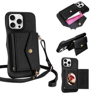 For iPhone 16 Pro Litchi Texture Horizontal Card Bag Holder Phone Case with Long Lanyard(Black)