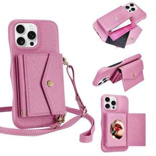 For iPhone 16 Pro Litchi Texture Horizontal Card Bag Holder Phone Case with Long Lanyard(Pink)