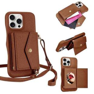 For iPhone 15 Pro Max Litchi Texture Horizontal Card Bag Holder Phone Case with Long Lanyard(Brown)
