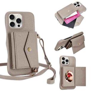 For iPhone 14 Pro Litchi Texture Horizontal Card Bag Holder Phone Case with Long Lanyard(Grey)