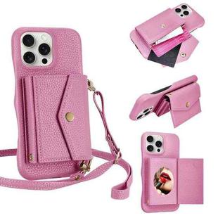 For iPhone 14 Pro Litchi Texture Horizontal Card Bag Holder Phone Case with Long Lanyard(Pink)
