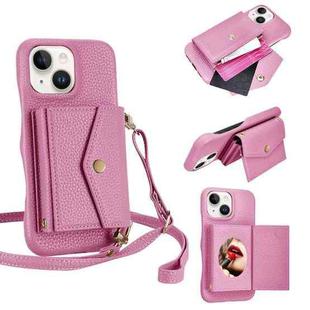 For iPhone 14 Plus Litchi Texture Horizontal Card Bag Holder Phone Case with Long Lanyard(Pink)