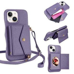 For iPhone 14 Plus Litchi Texture Horizontal Card Bag Holder Phone Case with Long Lanyard(Purple)