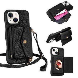 For iPhone 14 / 13 Litchi Texture Horizontal Card Bag Holder Phone Case with Long Lanyard(Black)
