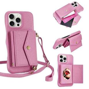 For iPhone 13 Pro Max Litchi Texture Horizontal Card Bag Holder Phone Case with Long Lanyard(Pink)