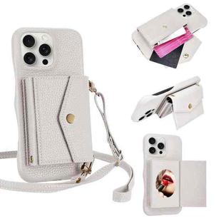 For iPhone 13 Pro Max Litchi Texture Horizontal Card Bag Holder Phone Case with Long Lanyard(White)