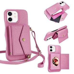 For iPhone 12 / 12 Pro Litchi Texture Horizontal Card Bag Holder Phone Case with Long Lanyard(Pink)