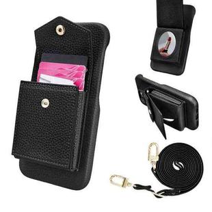 For iPhone 15 Pro Max Litchi Texture Vertical Card Bag Holder Phone Case with Long Lanyard(Black)