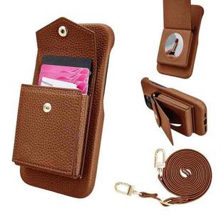 For iPhone 14 Plus Litchi Texture Vertical Card Bag Holder Phone Case with Long Lanyard(Brown)