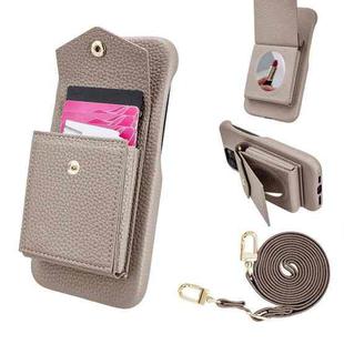 For iPhone 14 Plus Litchi Texture Vertical Card Bag Holder Phone Case with Long Lanyard(Grey)