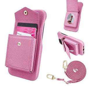 For iPhone 14 Pro Litchi Texture Vertical Card Bag Holder Phone Case with Long Lanyard(Pink)