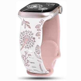 For Apple Watch 46mm / 49mm / 45mm / 44mm Two Color Dandelion Engraved Silicone Watch Band(White Pink)