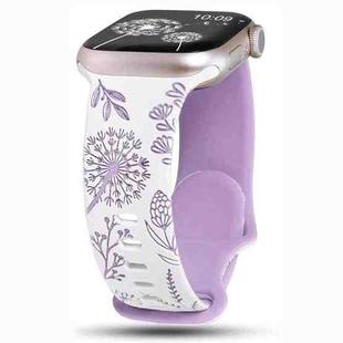 For Apple Watch 46mm / 49mm / 45mm / 44mm Two Color Dandelion Engraved Silicone Watch Band(White Purple)
