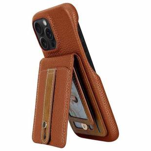 For iPhone 16 Pro Max Litchi Texture Leather Ring Card Bag Holder Phone Case(Brown)