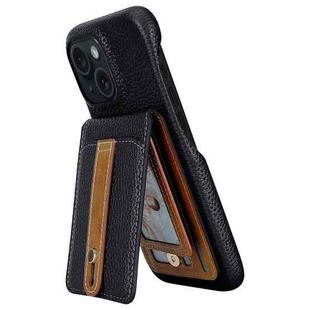 For iPhone 15 Litchi Texture Leather Ring Card Bag Holder Phone Case(Black)