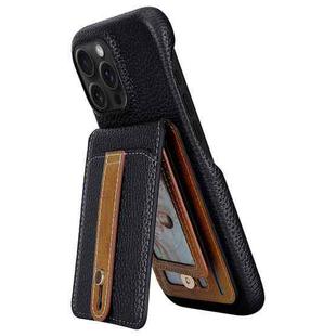 For iPhone 14 Pro Litchi Texture Leather Ring Card Bag Holder Phone Case(Black)