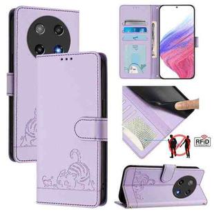 For Coolpad C16 Cat Rat Embossed Pattern RFID Leather Phone Case with Lanyard(Purple)