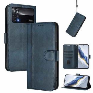 For Xiaomi Poco X4 Pro 5G Line Splicing Buckle Retro Leather Phone Case(Dark Blue)