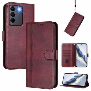 For vivo V27 5G / V27 Pro 5G Global Line Splicing Buckle Retro Leather Phone Case(Wine Red)