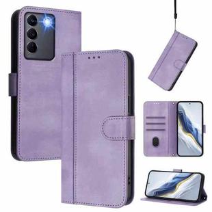 For vivo V27 5G / V27 Pro 5G Global Line Splicing Buckle Retro Leather Phone Case(Purple)