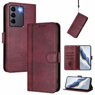 For vivo V27e 4G / T2 4G Global Line Splicing Buckle Retro Leather Phone Case(Wine Red)