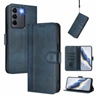 For vivo V27e 4G / T2 4G Global Line Splicing Buckle Retro Leather Phone Case(Dark Blue)
