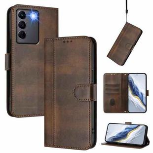 For vivo V27e 4G / T2 4G Global Line Splicing Buckle Retro Leather Phone Case(Brown)