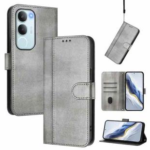 For vivo Y19s 4G Global Line Splicing Buckle Retro Leather Phone Case(Grey)