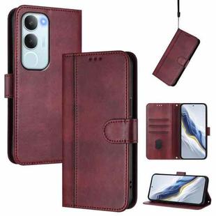 For vivo Y19s 4G Global Line Splicing Buckle Retro Leather Phone Case(Wine Red)