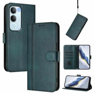 For vivo Y19s 4G Global Line Splicing Buckle Retro Leather Phone Case(Dark Green)