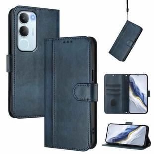 For vivo Y19s 4G Global Line Splicing Buckle Retro Leather Phone Case(Dark Blue)