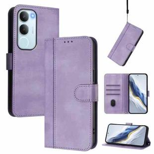 For vivo Y19s 4G Global Line Splicing Buckle Retro Leather Phone Case(Purple)