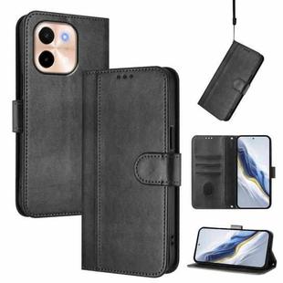 For vivo Y28 4G Global Line Splicing Buckle Retro Leather Phone Case(Black)