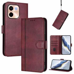 For vivo Y28 4G Global Line Splicing Buckle Retro Leather Phone Case(Wine Red)