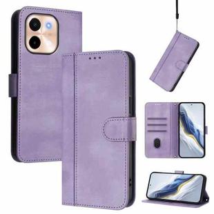 For vivo Y28 4G Global Line Splicing Buckle Retro Leather Phone Case(Purple)