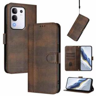 For vivo Y29 4G Global Line Splicing Buckle Retro Leather Phone Case(Brown)