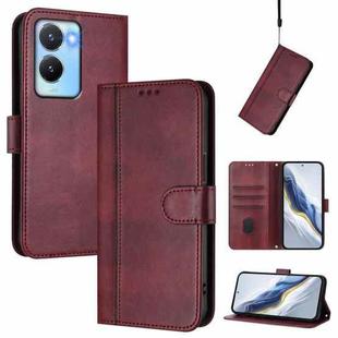 For vivo Y56 5G / Y16 4G / Y02s 4G Global Line Splicing Buckle Retro Leather Phone Case(Wine Red)
