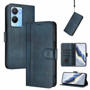 For vivo Y56 5G / Y16 4G / Y02s 4G Global Line Splicing Buckle Retro Leather Phone Case(Dark Blue)