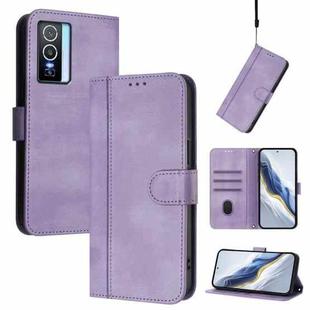 For vivo Y76 5G Line Splicing Buckle Retro Leather Phone Case(Purple)