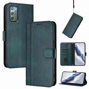 For Samsung Galaxy Note20 Line Splicing Buckle Retro Leather Phone Case(Dark Green)