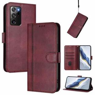 For Samsung Galaxy Note20 Ultra Line Splicing Buckle Retro Leather Phone Case(Wine Red)