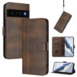 For Google Pixel 6 Pro Line Splicing Buckle Retro Leather Phone Case(Brown)