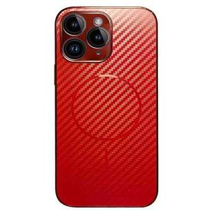 For iPhone 11 Pro Max Plating Carbon Fiber MagSafe Full Coverage Phone Case(Red)