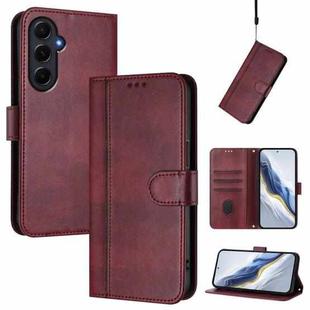 For Samsung Galaxy A55 5G Global Line Splicing Buckle Retro Leather Phone Case(Wine Red)