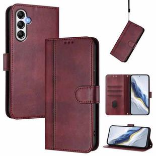 For Samsung Galaxy A14 4G / 5G Line Splicing Buckle Retro Leather Phone Case(Wine Red)