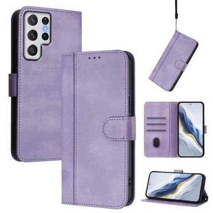 For Samsung Galaxy S22 Ultra 5G Line Splicing Buckle Retro Leather Phone Case(Purple)