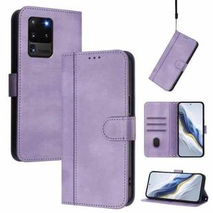 For Samsung Galaxy S20 Ultra Line Splicing Buckle Retro Leather Phone Case(Purple)