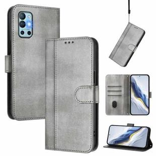For OnePlus 9R / OnePlus 8T Line Splicing Buckle Retro Leather Phone Case(Grey)